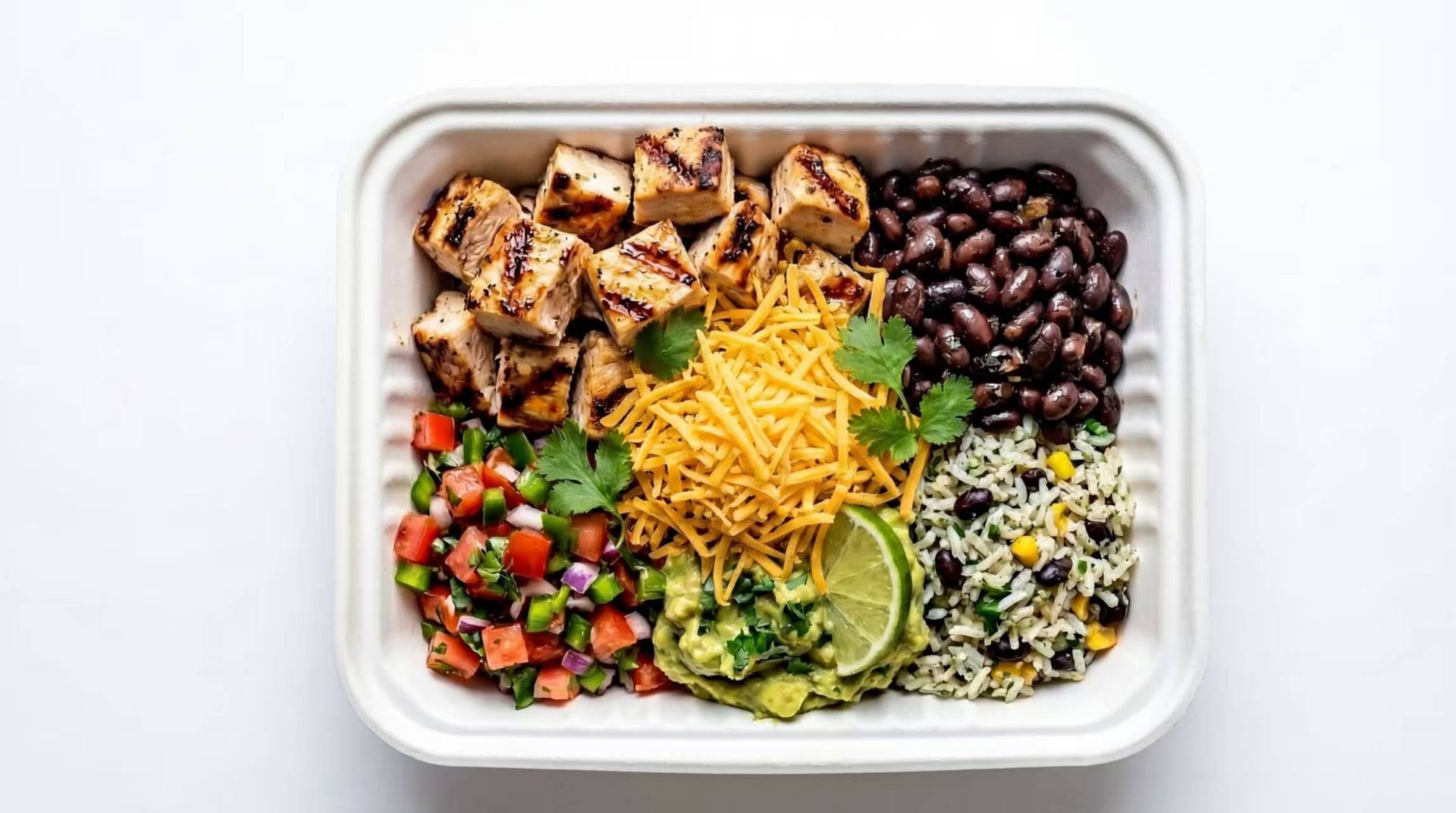 Meal prep container with grilled chicken, black beans, shredded cheese, diced veggies, greens, and lime slices.