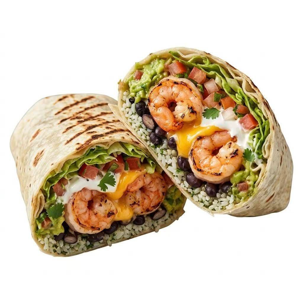 Two grilled shrimp wraps cut in half, showing lettuce, avocado, cheese, and sauce on a white background