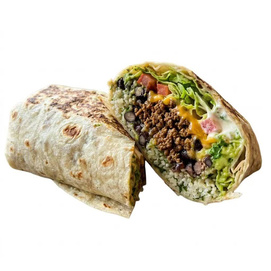 Cut-open burrito with seasoned meat, lettuce, tomato, cheese, and beans on a white background
