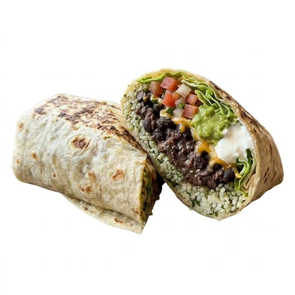 Cut burrito showing black beans, rice, guacamole, salsa, and sour cream on a white background