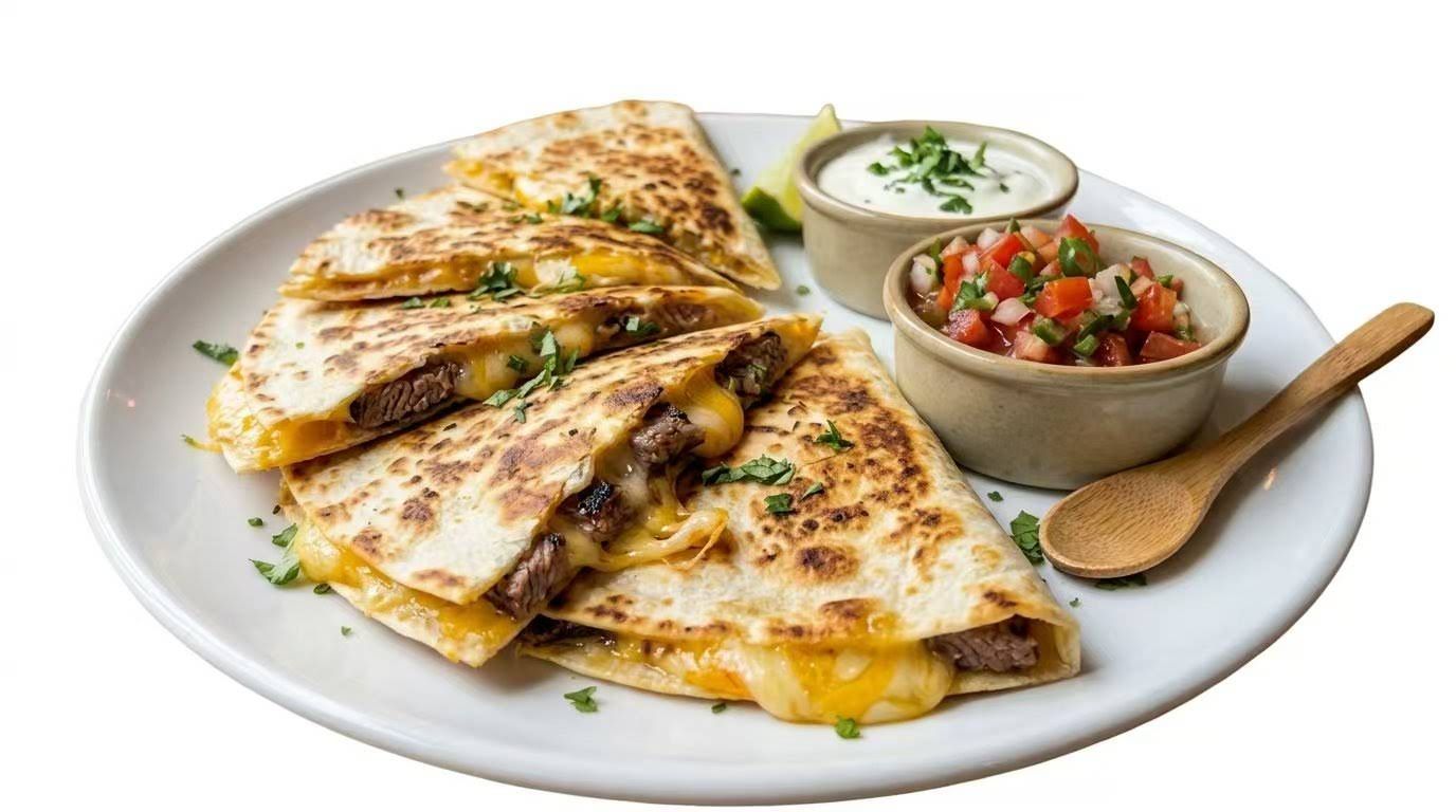 Three quesadilla wedges on a plate with green dip, salsa, and a wooden spoon