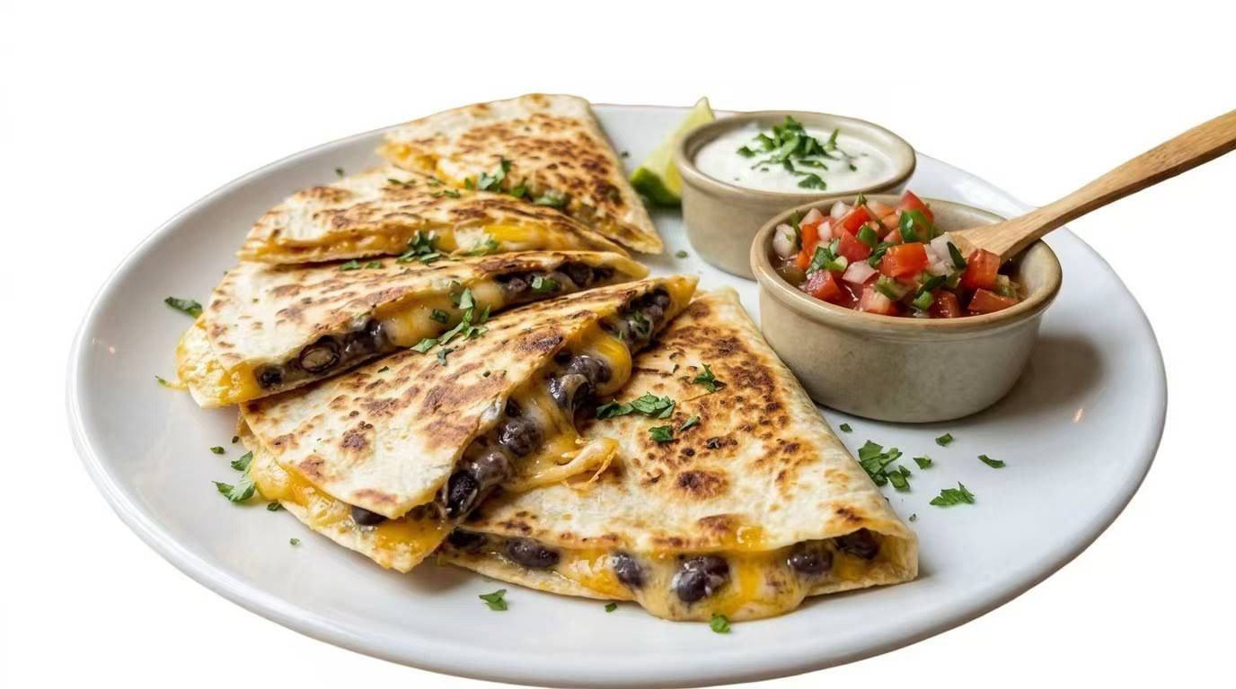 Plate of grilled quesadilla wedges with two dipping sauces and a bowl of salsa.