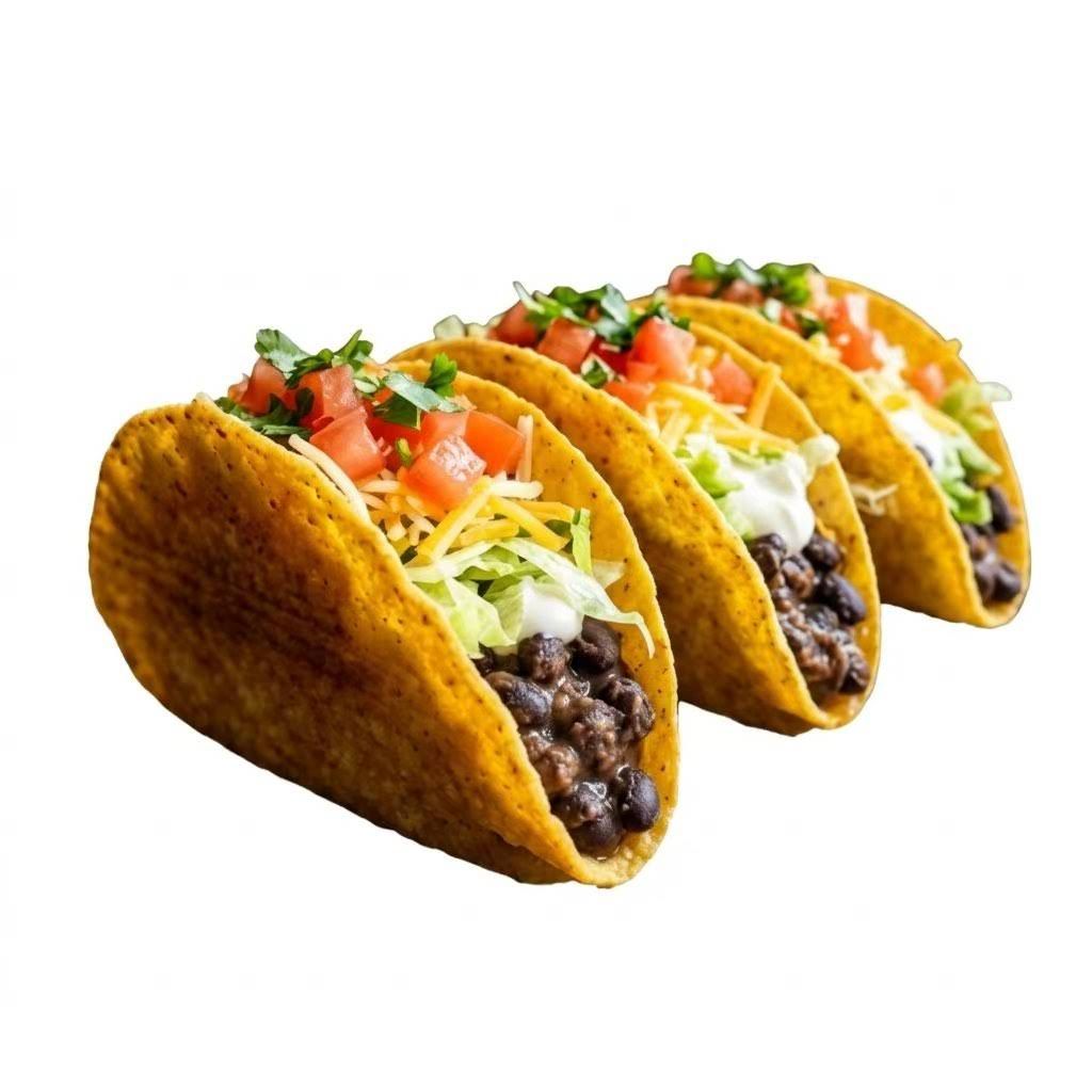 Three beef tacos with lettuce, tomato, cheese, and sauce on a white background