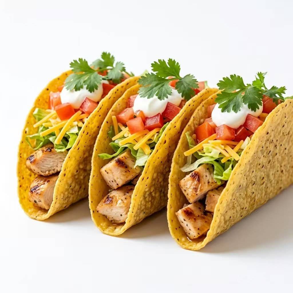 Three grilled chicken tacos with lettuce, tomato, cheese, and cilantro on a white background