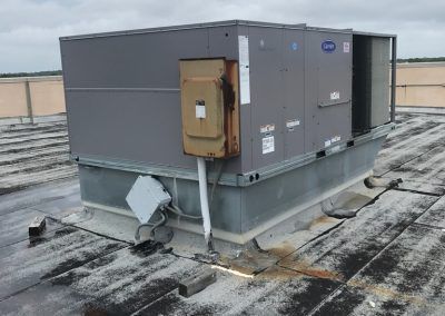 A large air conditioner is sitting on top of a roof.