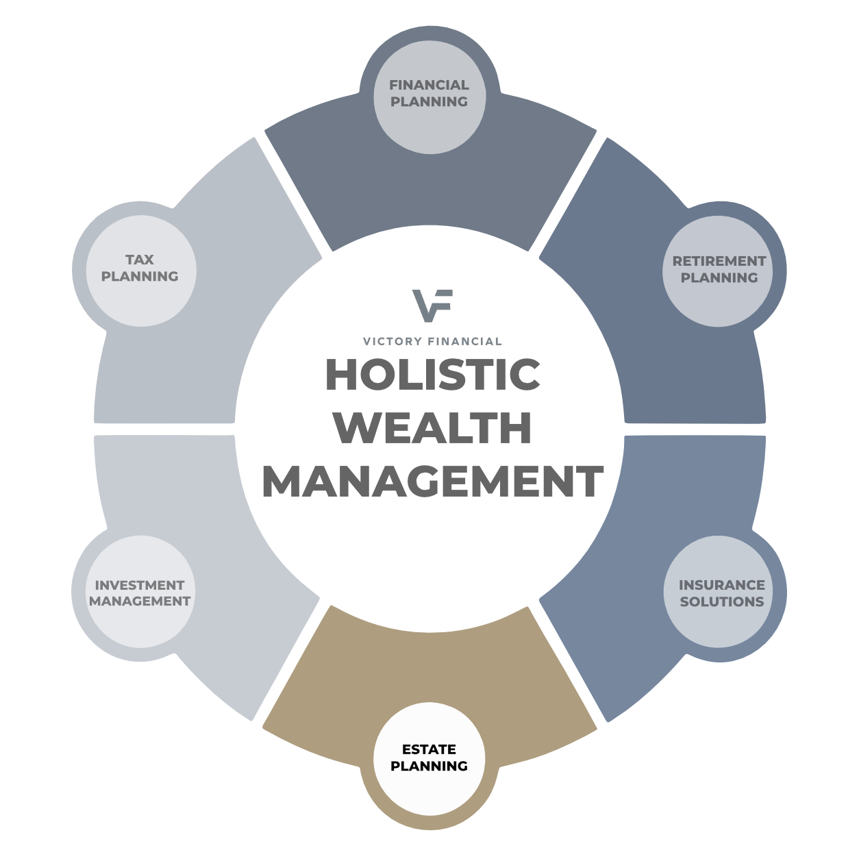 Circular “Holistic Wealth Management” infographic with six surrounding financial planning categories in blue and tan.