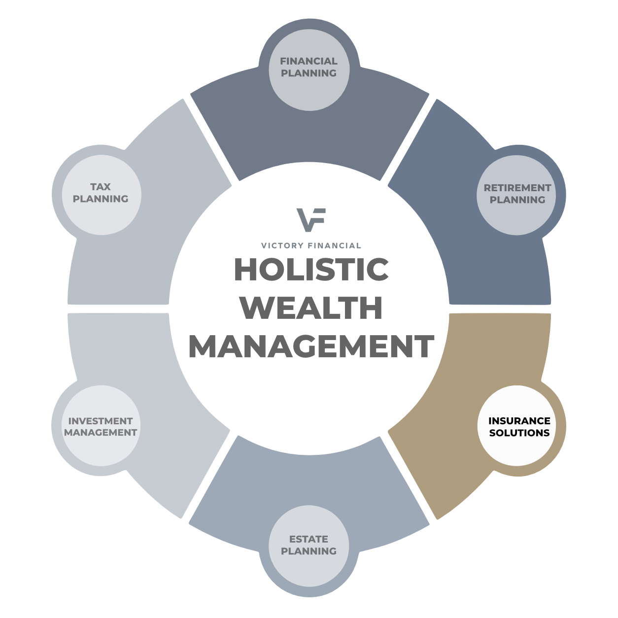 Holistic wealth management infographic with six connected segments.