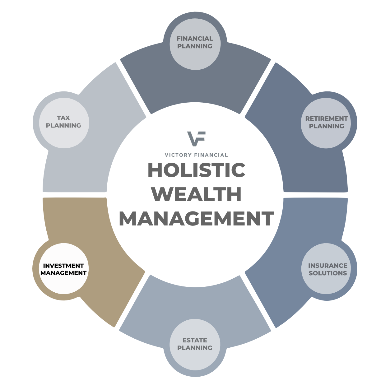 Circular infographic for holistic wealth management with six labeled segments in blue, gray, and tan.
