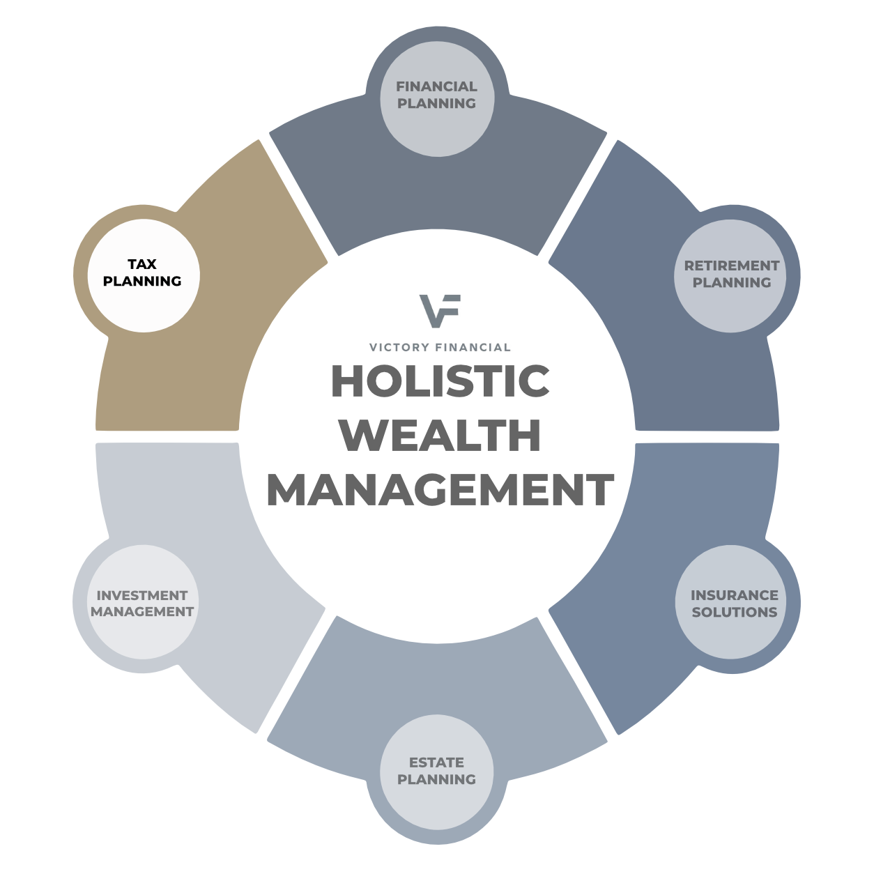 Holistic wealth management infographic with six surrounding segments for planning services in muted blue and tan.