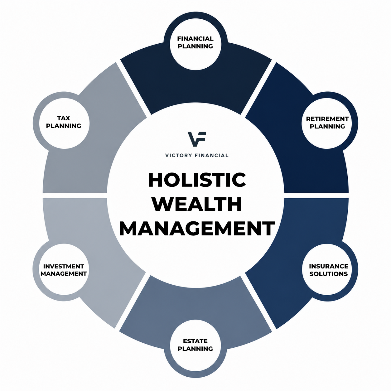 Circular “Holistic Wealth Management” infographic with six navy and gray planning segments.