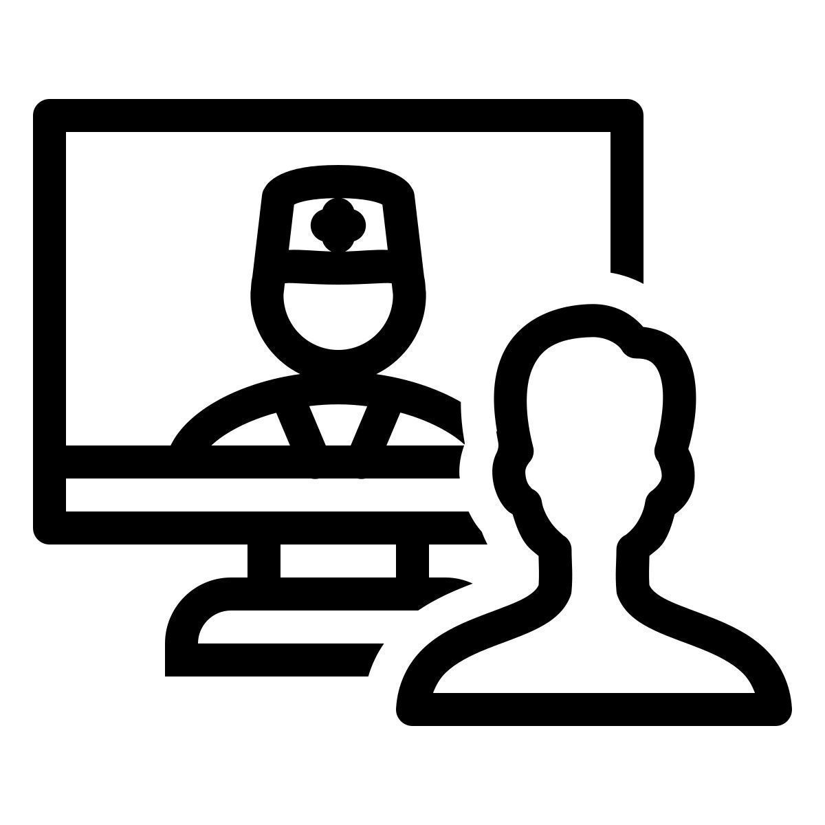 Video call icon showing a person on a computer screen and another figure in front