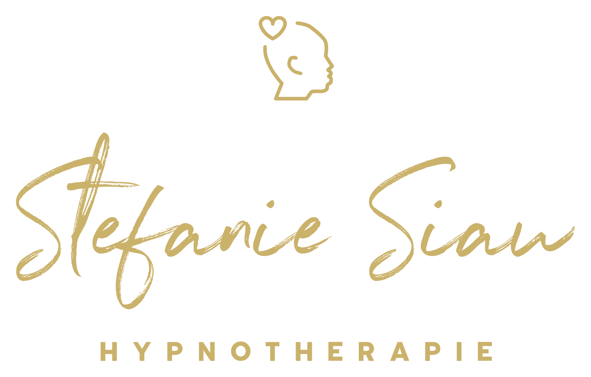 Gouden logo voor “Stefanie Siau Hypnotherapie” met een profielhoofd en een harticoon op een witte achtergrond.