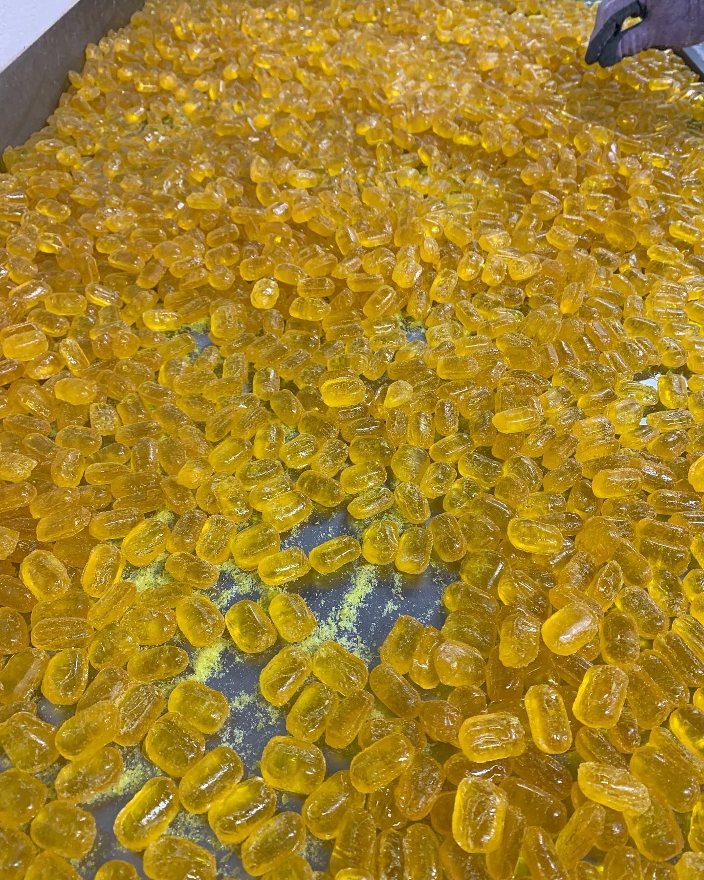 A pile of yellow gummy bears sitting on top of a table.