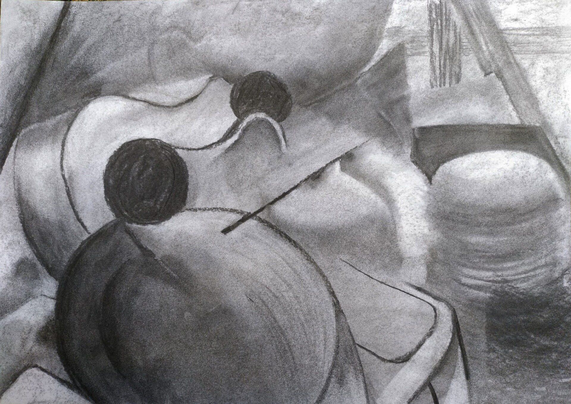 Abstract drawing of toys, charcoal on paper