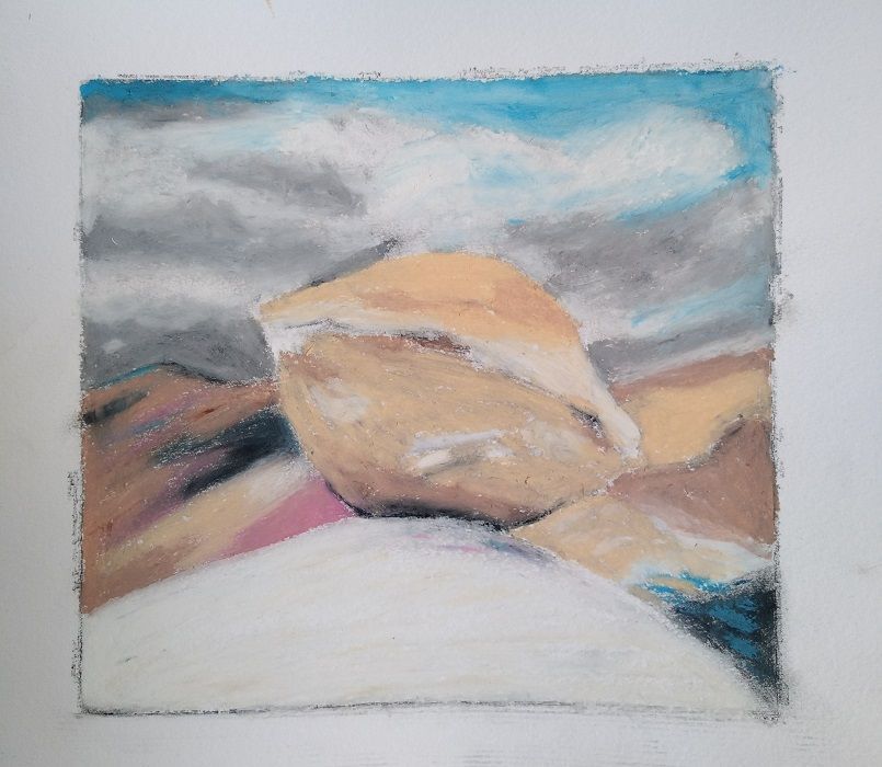 Drawing of bulbous rock in monotype ink and oil pastels