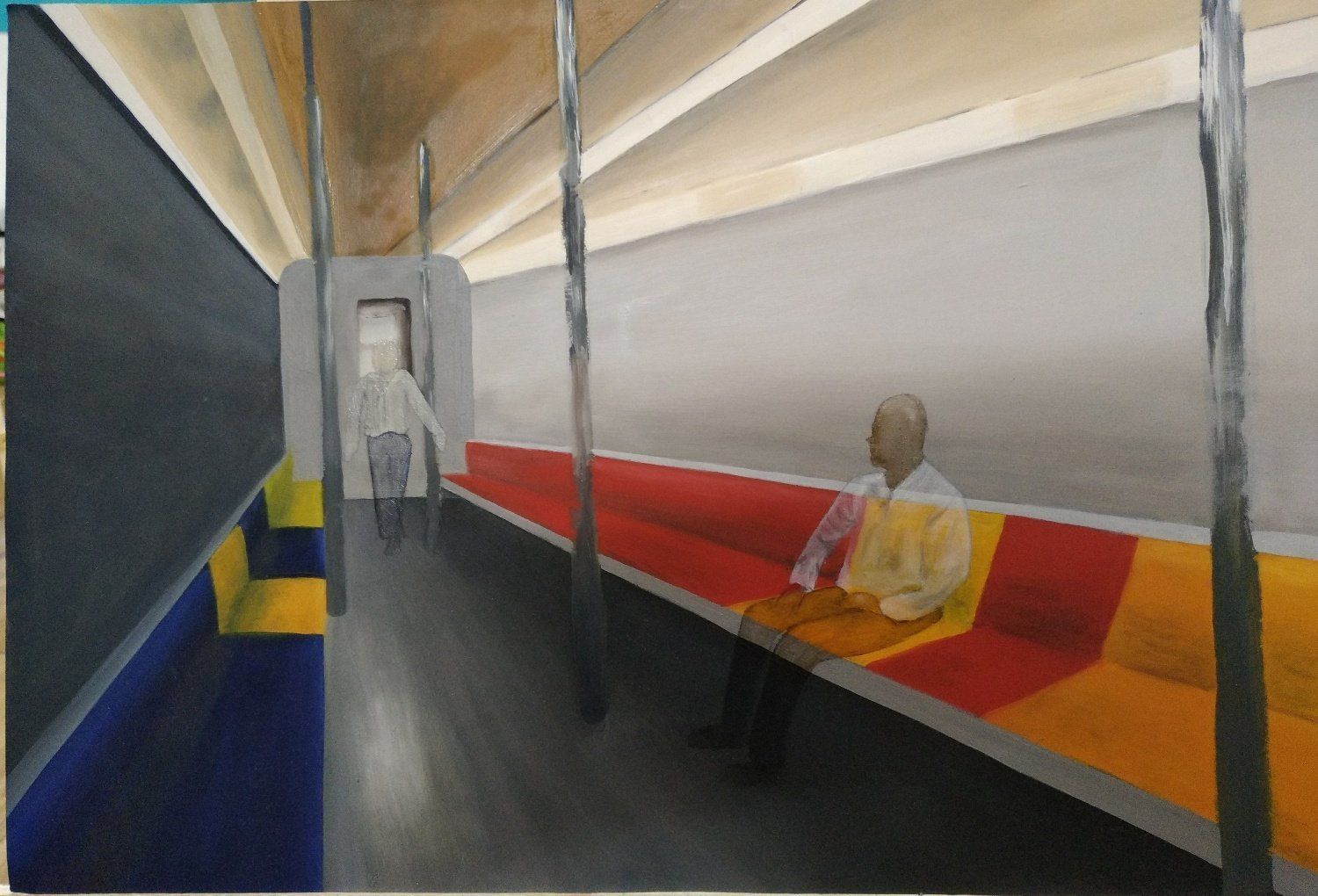 Oil painting of transparent people on a train, evoking urban transience