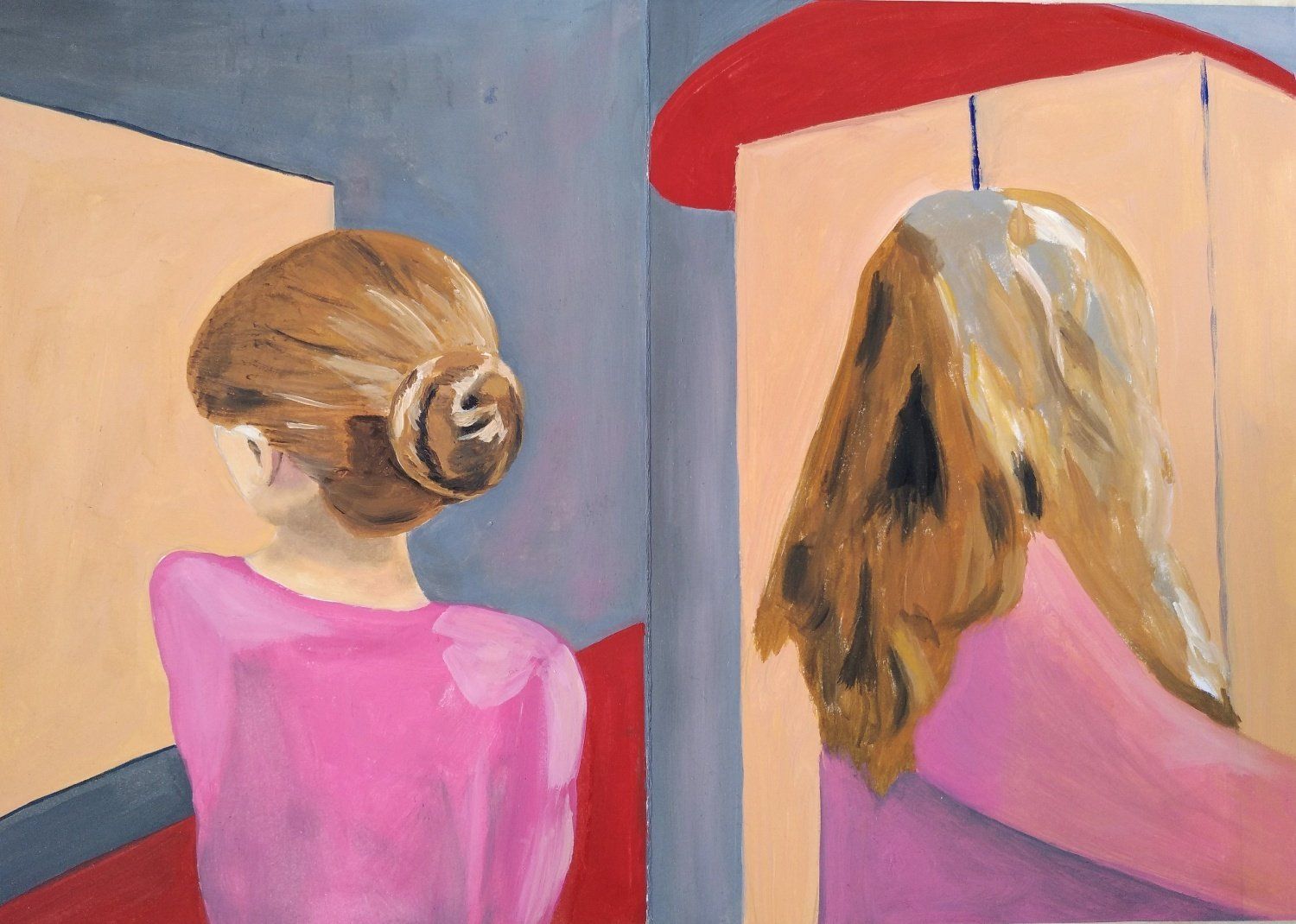 Oil painting of a girl and a woman from behind in the style of Bacon.