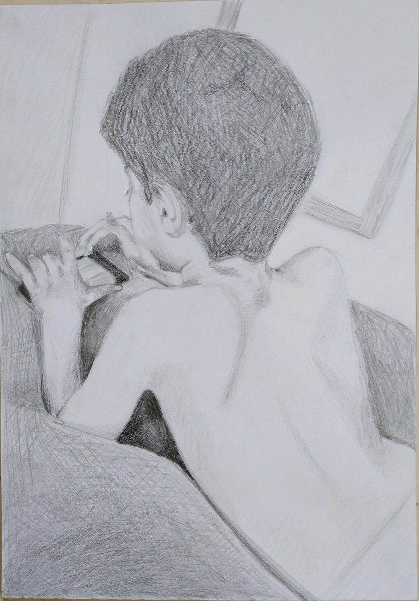 Pencil drawing of boy playing on a phone.