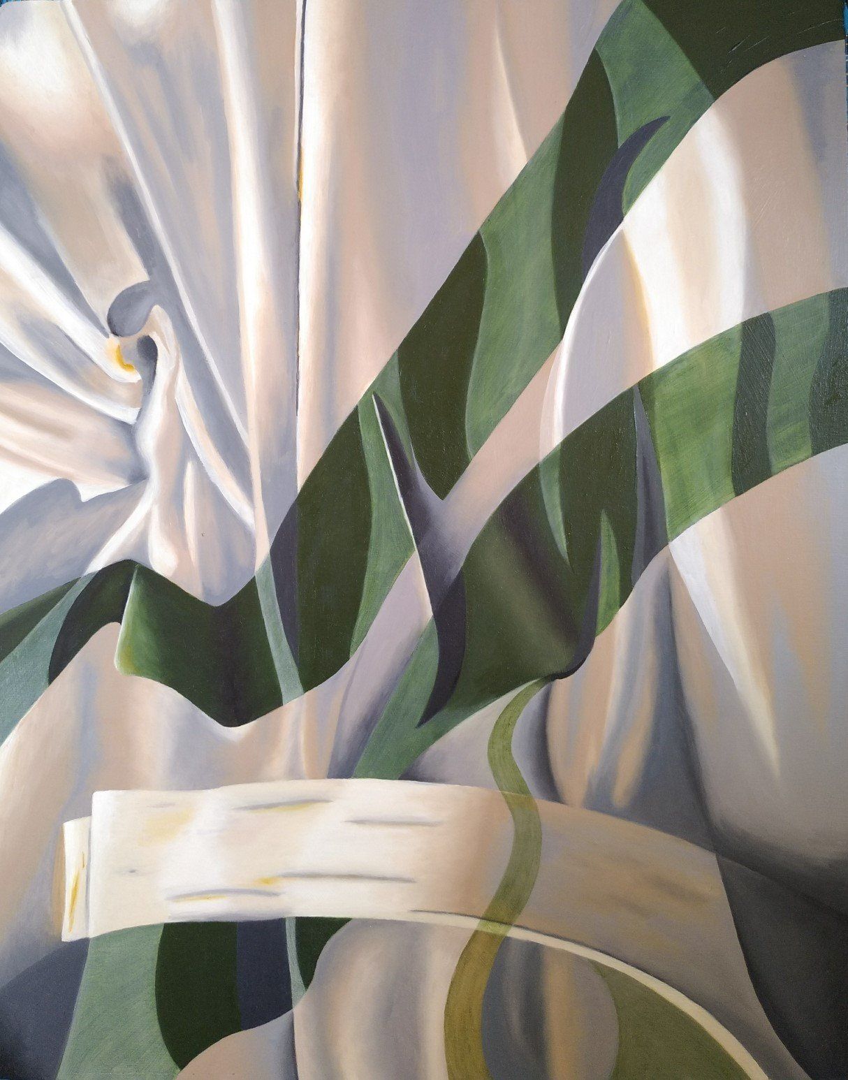 Abstract painting of green and white ribbons on white fabric. Oil painting on plywood.