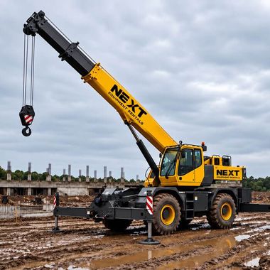 NEXT Equipment Rentals branded crane at a muddy construction job site