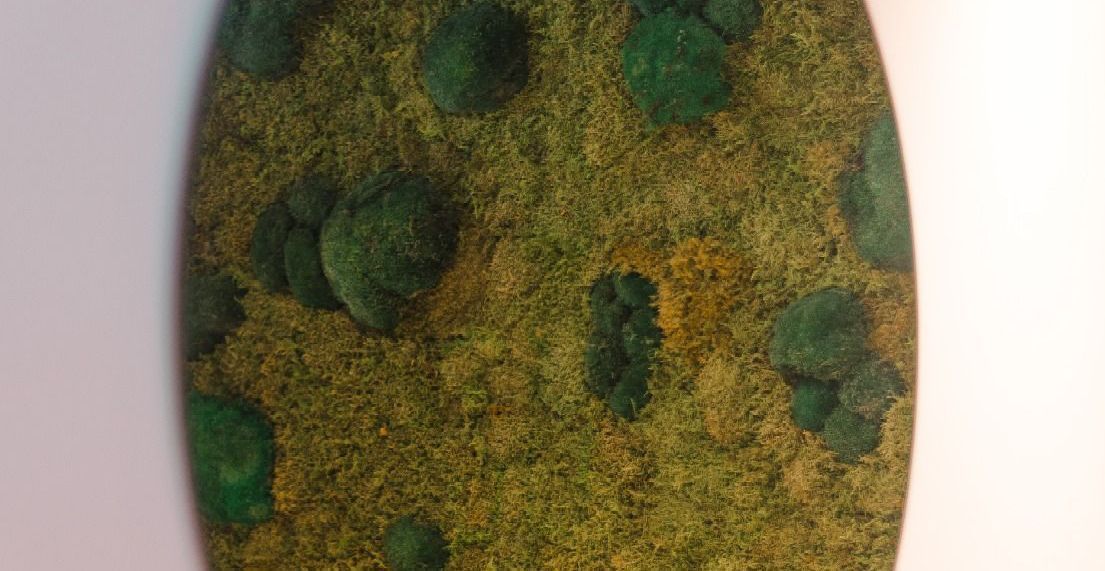 Close-up van een groen en bruin mosachtig ovaal oppervlak met verspreide donkergroene vlekken.