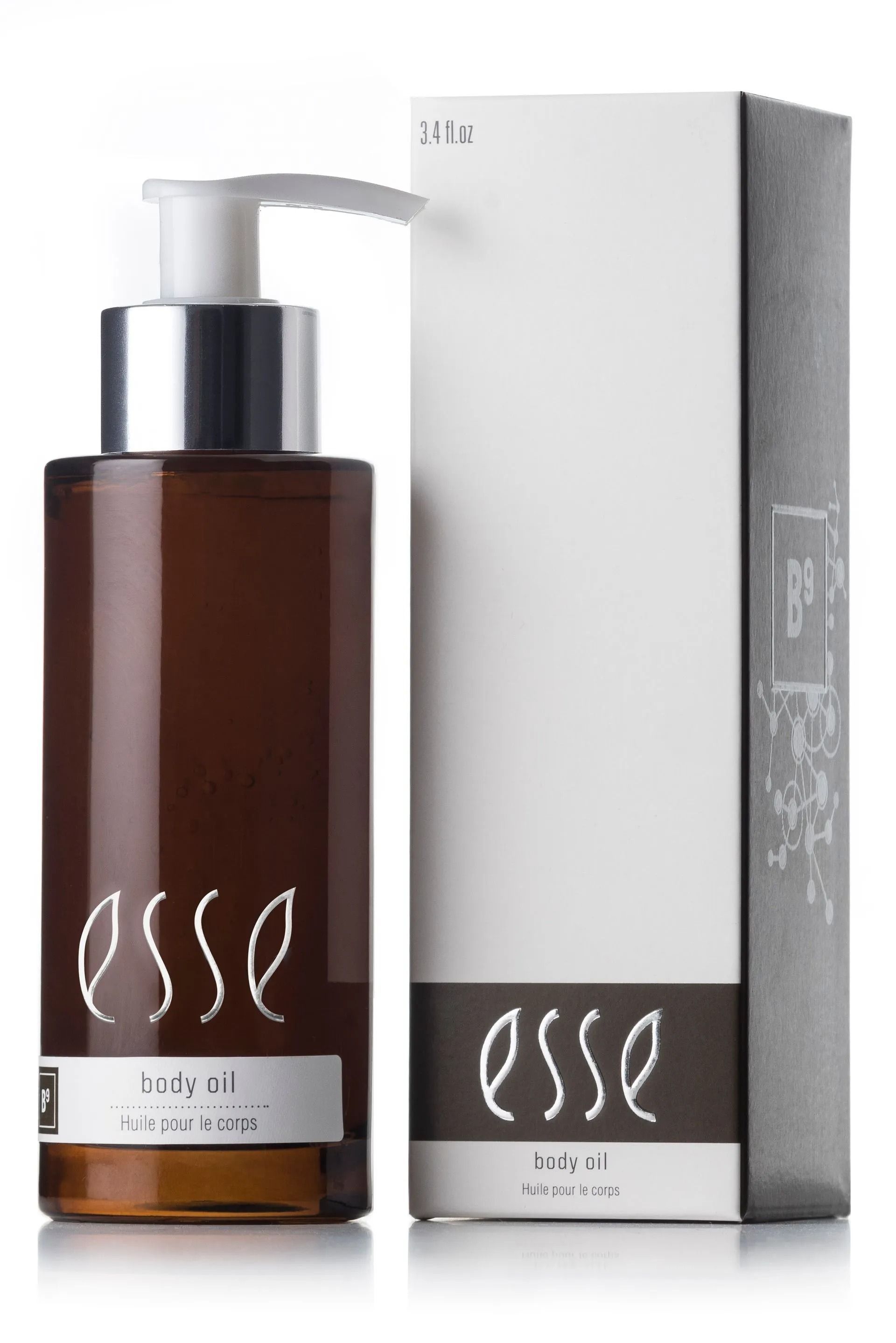 Bruine fles Esse lotion met witte pomp naast de wit-grijze doos.