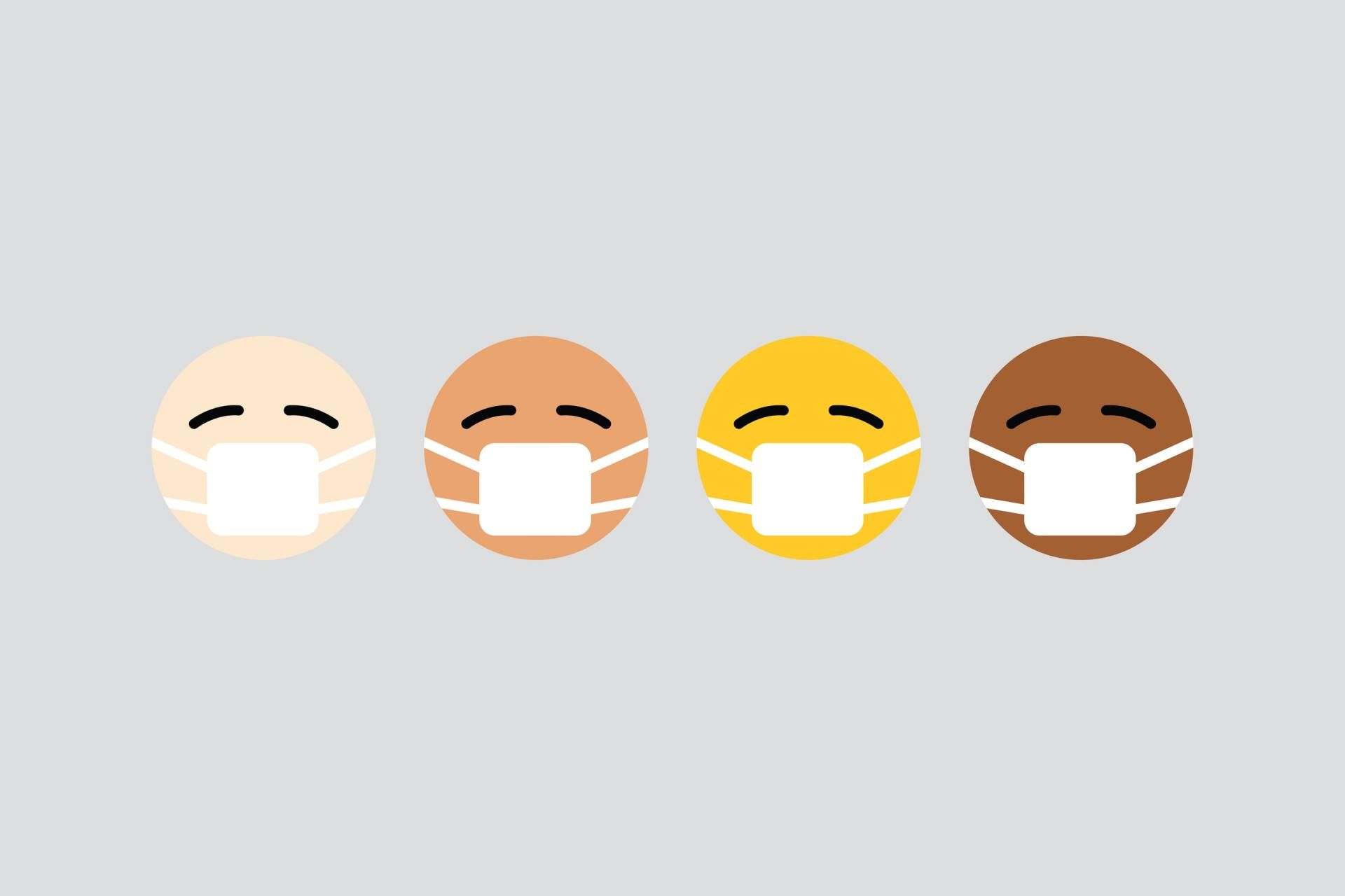 Vier smileygezichten met maskers in crèmekleur, perzik, geel en bruin op een lichtgrijze achtergrond.