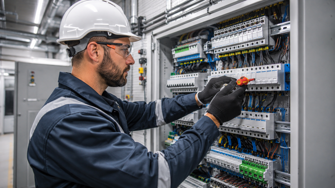 Tecnico con elmetto di sicurezza ispeziona il cablaggio in un quadro elettrico di controllo.