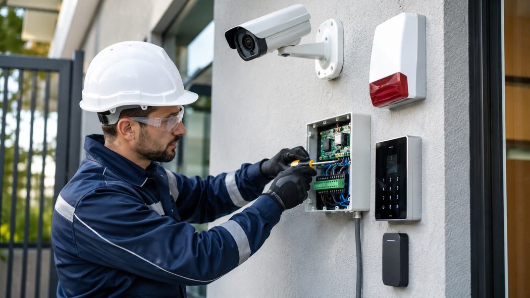Tecnico con elmetto di sicurezza ispeziona un pannello di controllo di sicurezza esterno accanto a una telecamera e a un dispositivo di allarme.