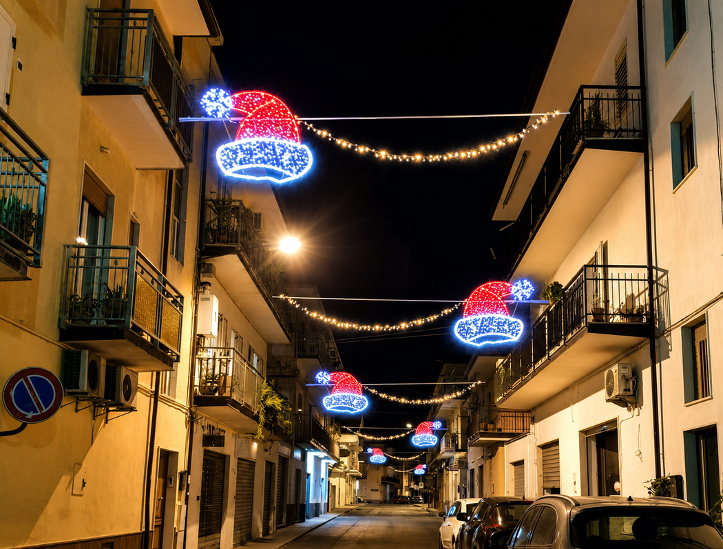 Stretta strada notturna illuminata da scintillanti luci natalizie, incastonata tra palazzi e auto parcheggiate.