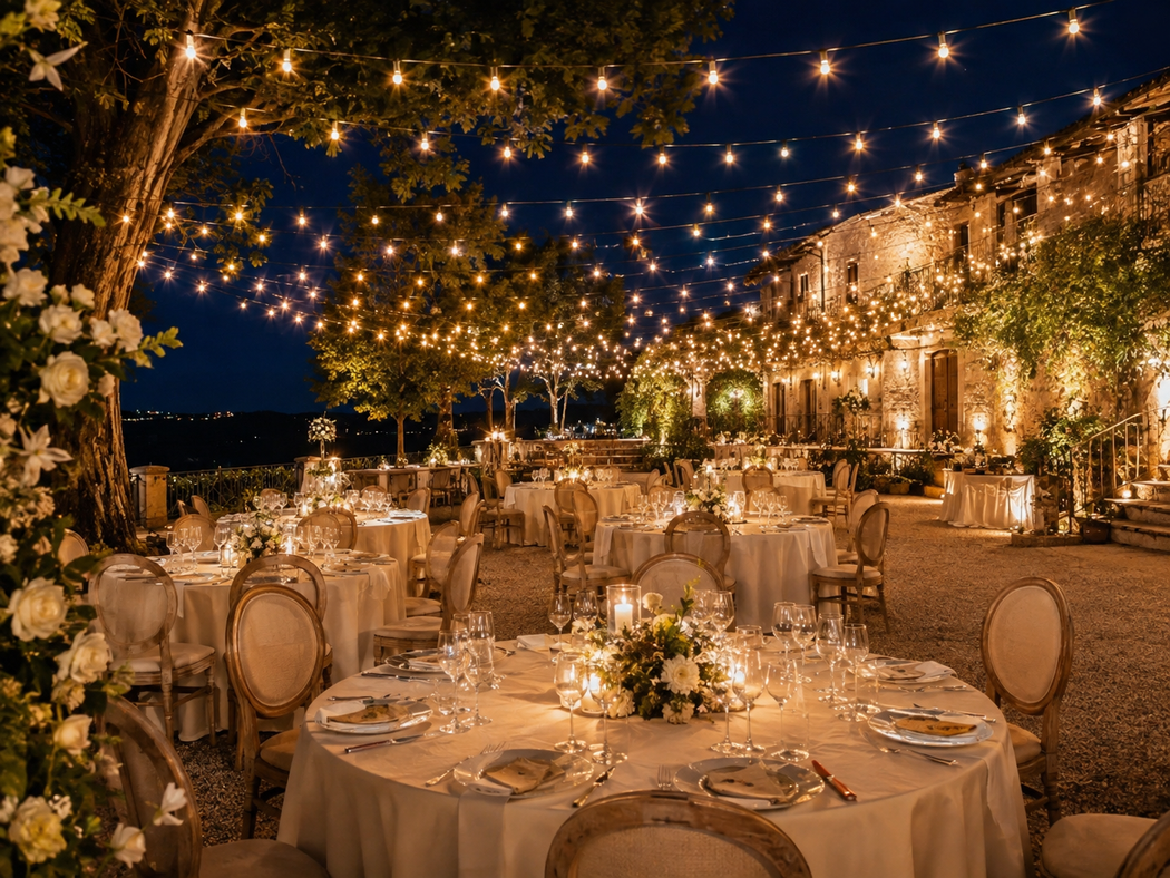 Elegante allestimento per una cena all'aperto con tavoli rotondi, luci soffuse e un edificio in pietra illuminato di notte.