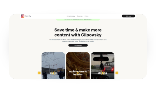A screenshot of a website that says `` save time and make more content with clipovsky ''.