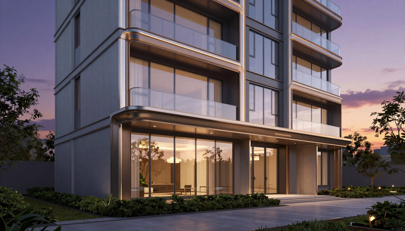 Modern luxury apartment building representing property development marketing.