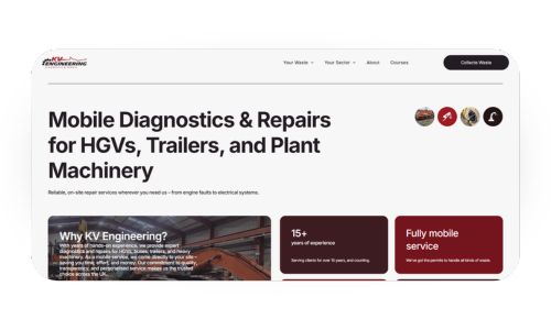 A screenshot of a website for mobile diagnostics and repairs for hgvs , trailers , and plant machinery.