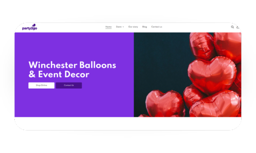 A website for winchester balloons and event decor shows a bunch of red heart shaped balloons.