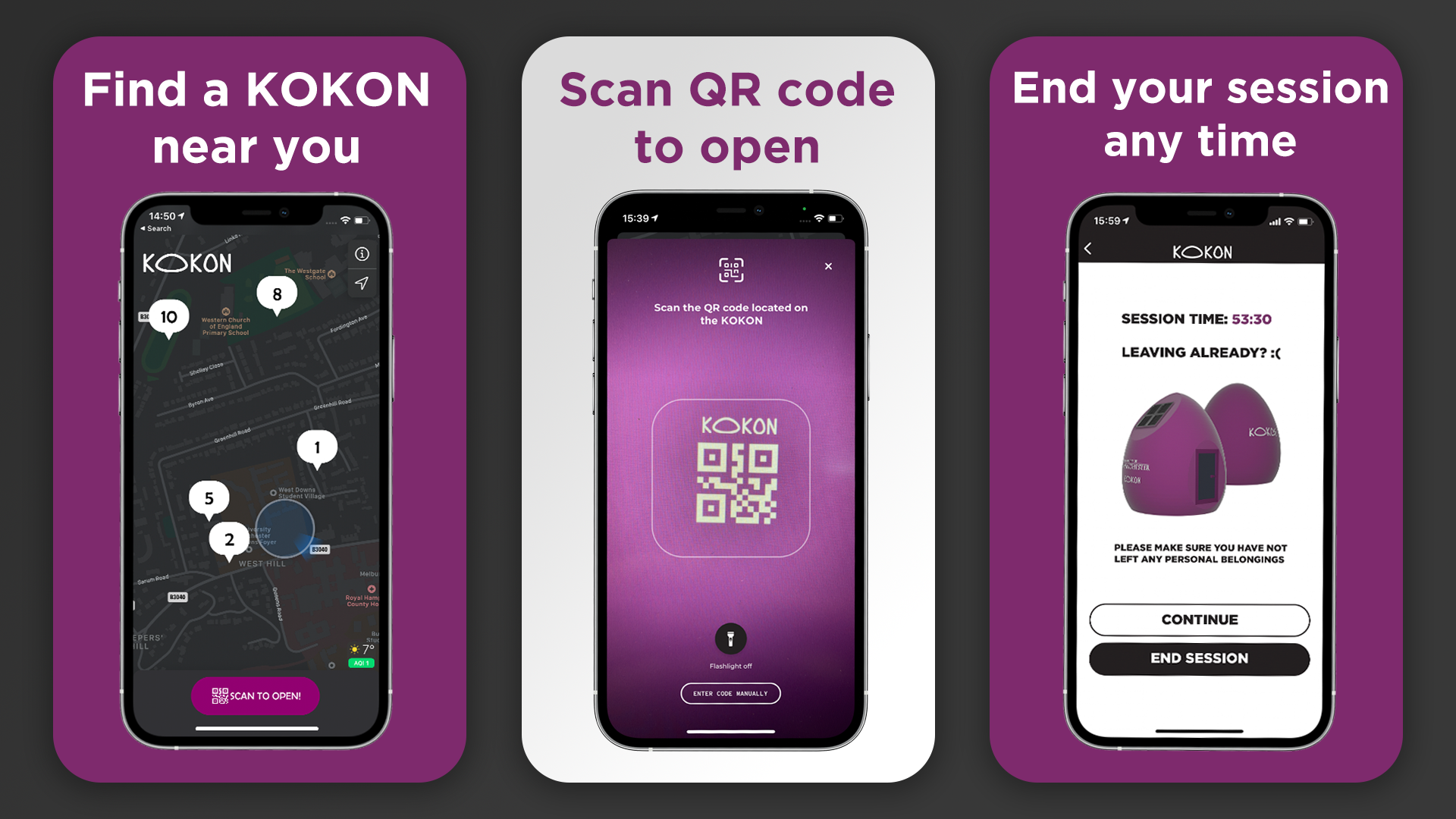 A screenshot of a phone that says find a kokon near you scan qr code to open end your session any time