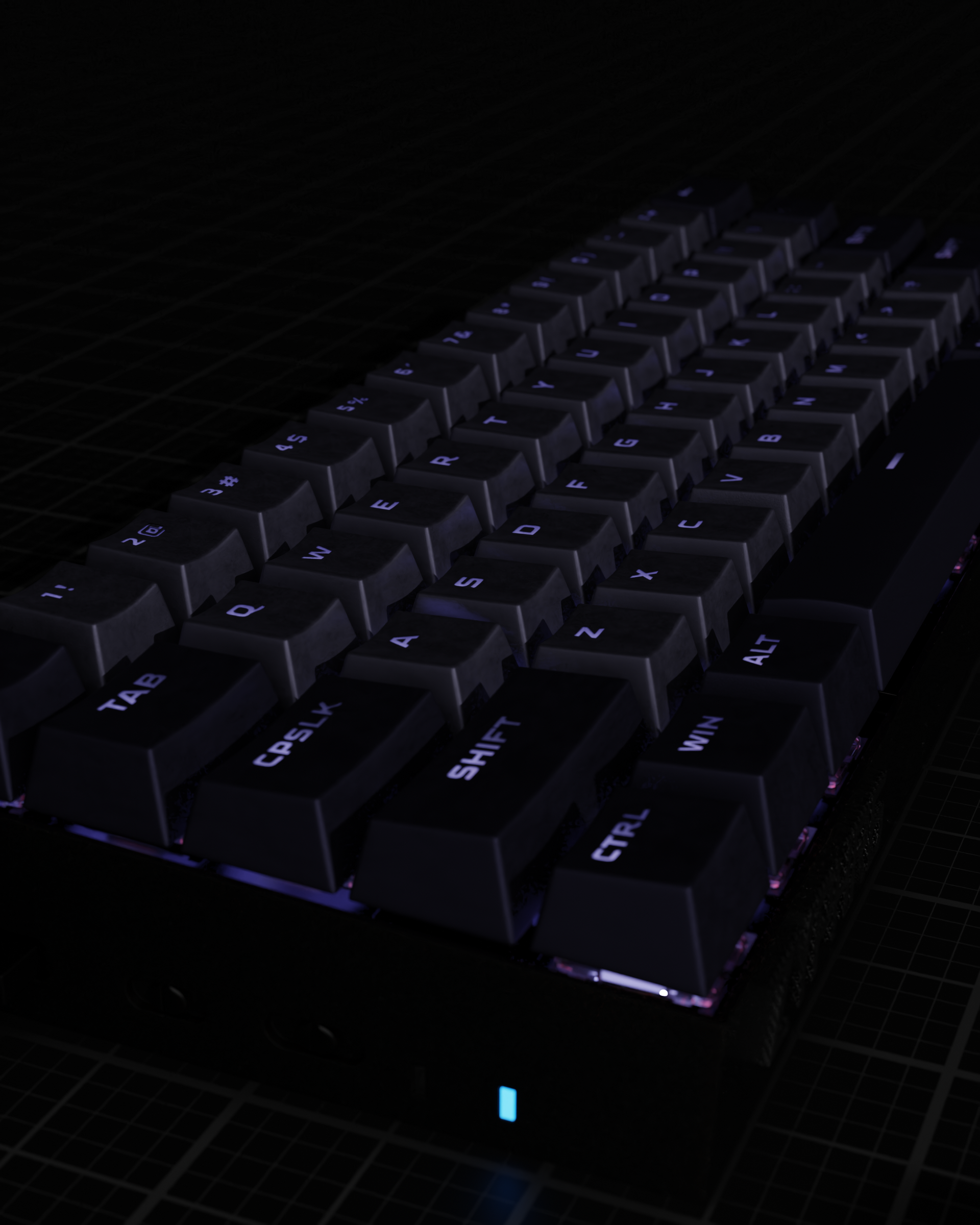 A black keyboard with the ctrl key lit up in the dark 3d design render concept gaming keyboar