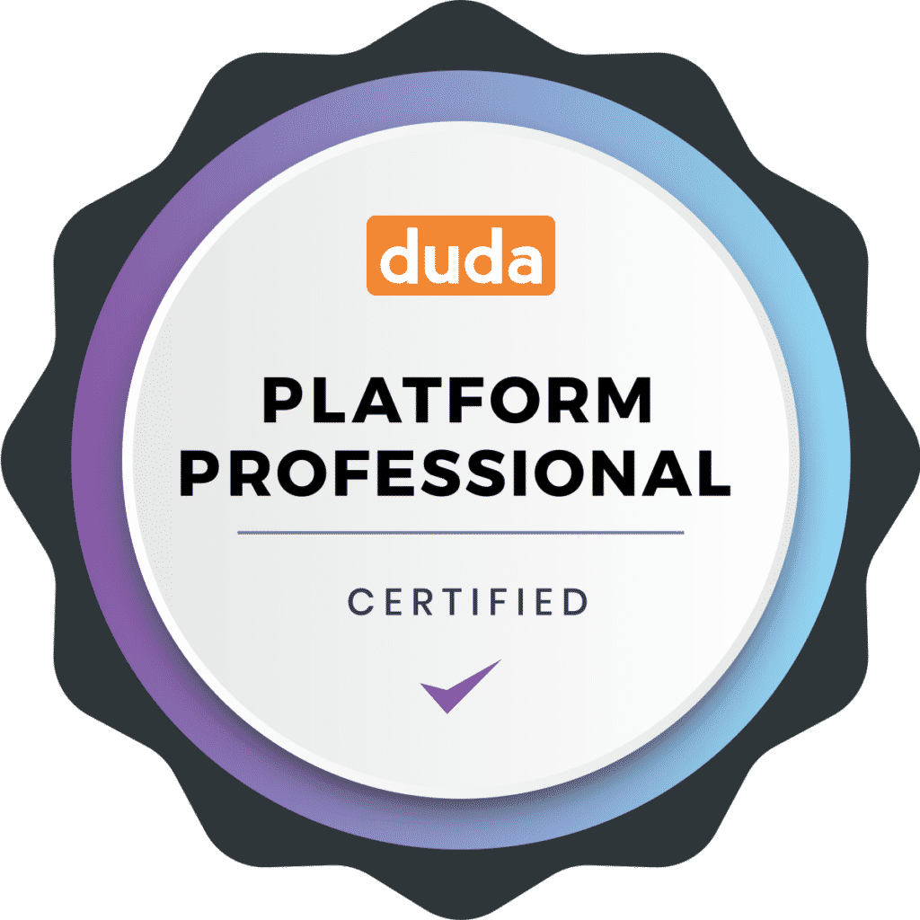 A badge that says platform professional certified on it. Ervins Studio - Duda Platform Professional