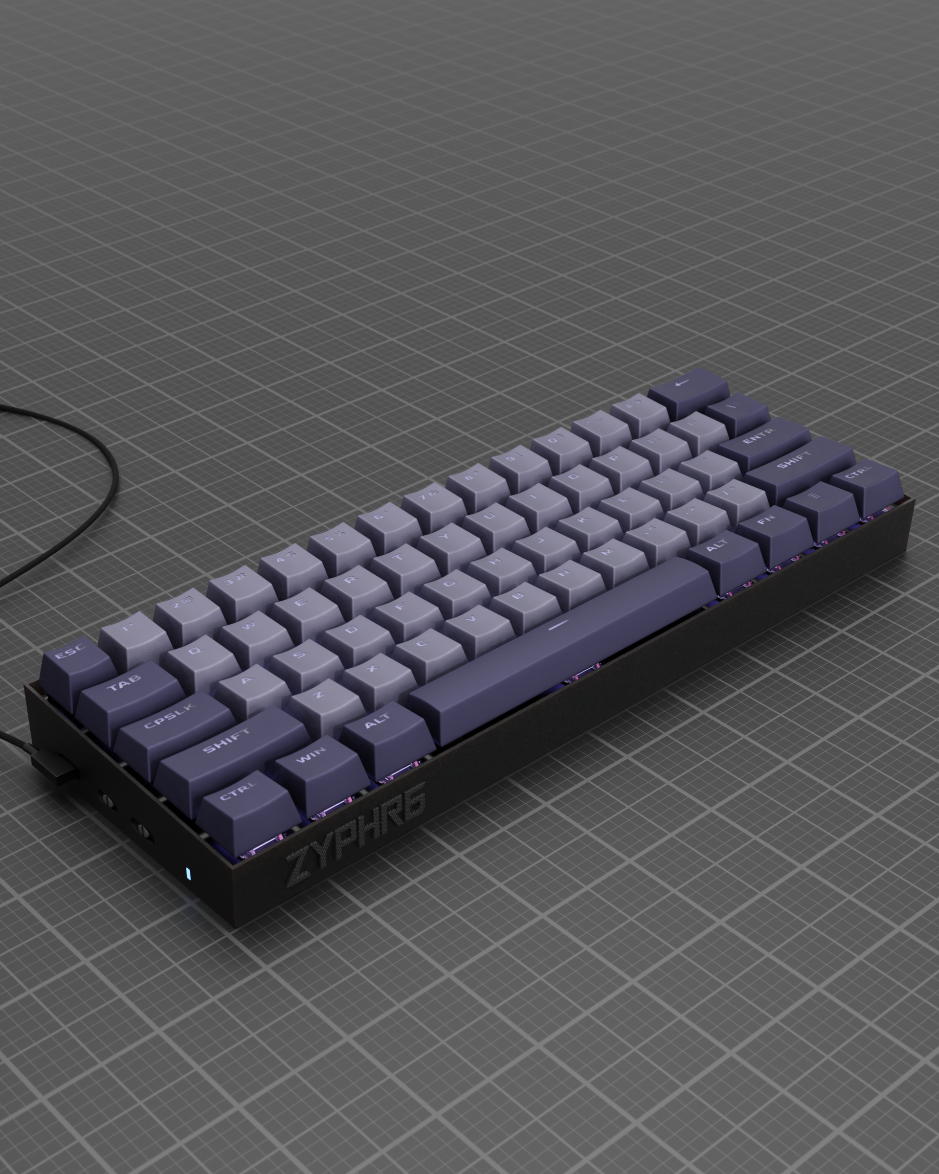A purple and black keyboard is sitting on a checkered surface. 3d design render concept gaming keyboar