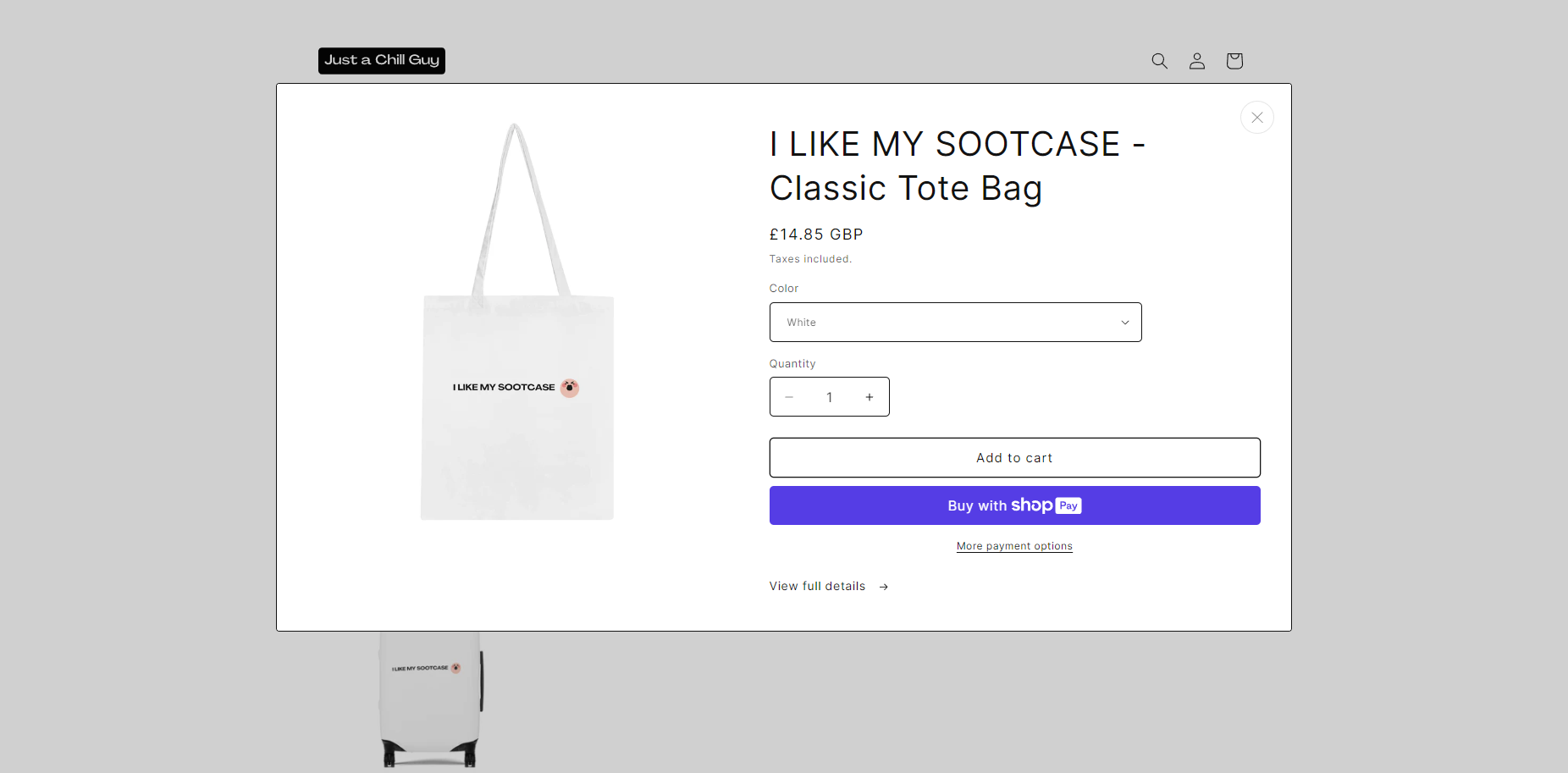 A white tote bag is displayed on a website.