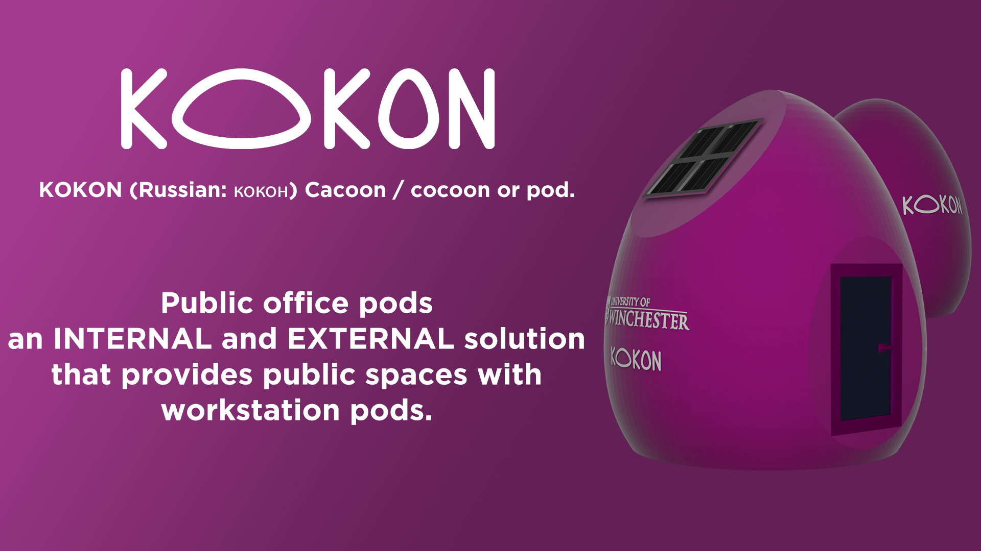 A purple advertisement for kokon public office pods an internal and external solution for workstation pods