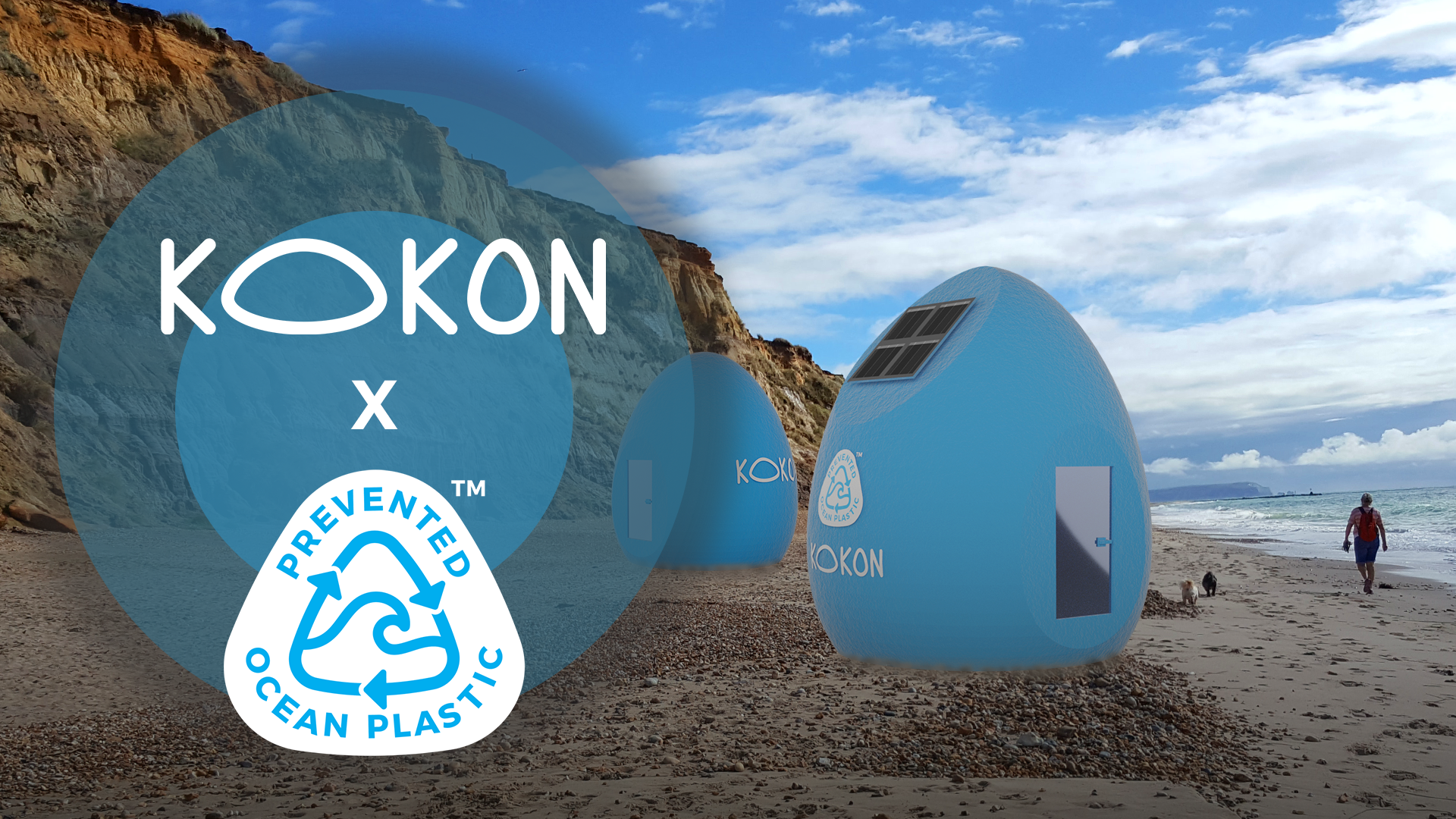 A picture of a beach with a kokon x ocean plastic logo
