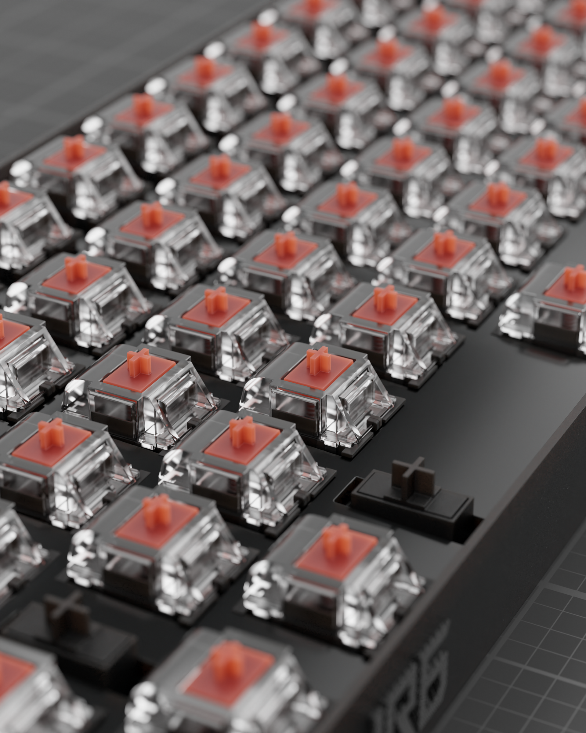 A close up of a keyboard with red keys. 3d design render concept gaming keyboar