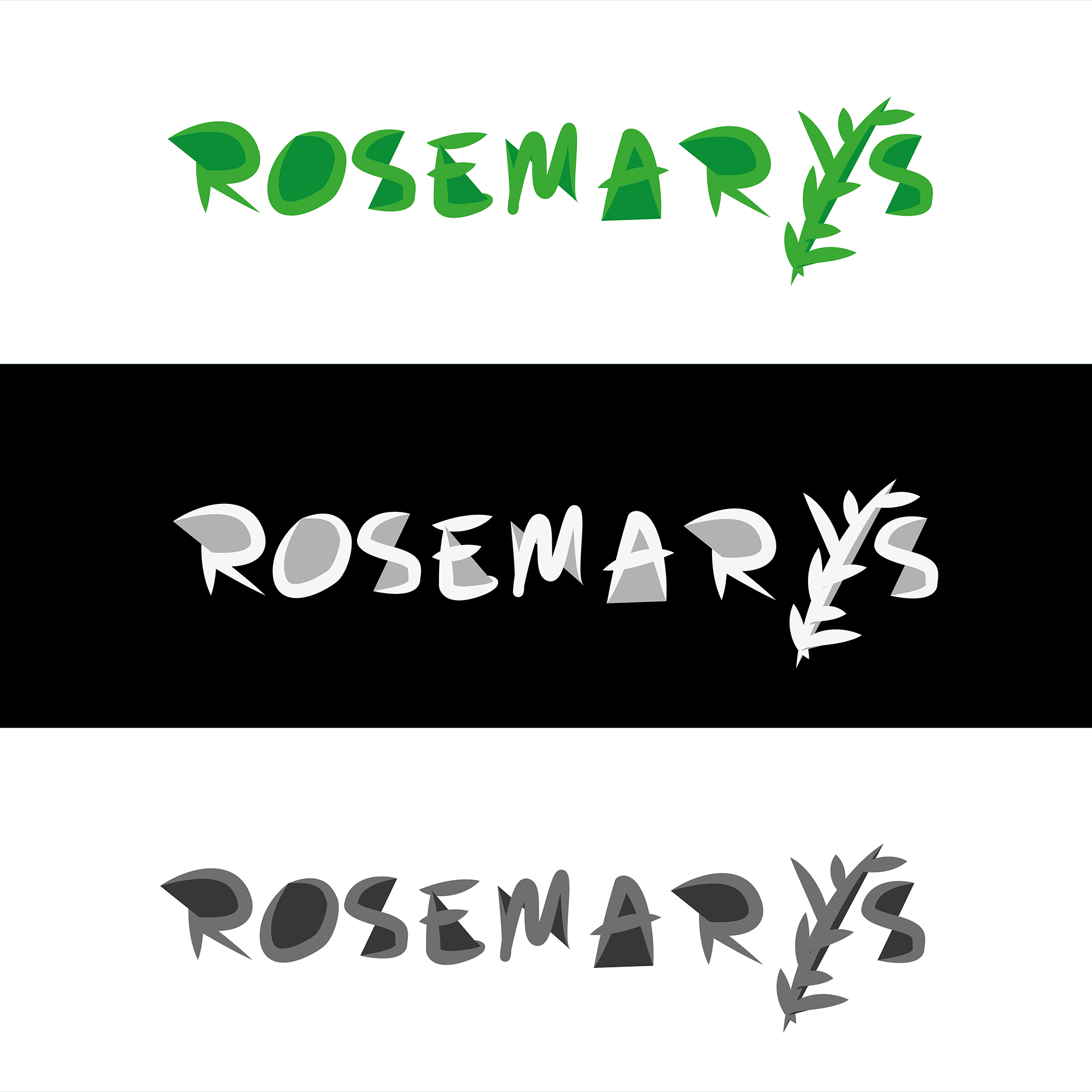 Three different versions of the word rosemarys on a white and black background