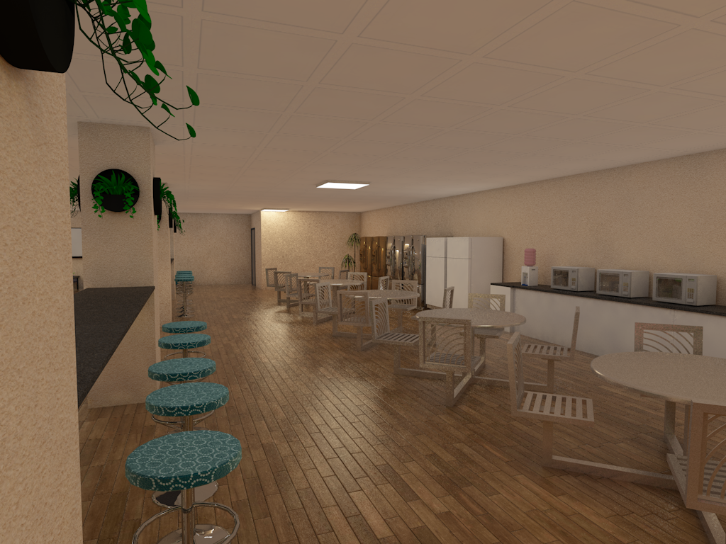 A computer generated image of a restaurant with tables and chairs