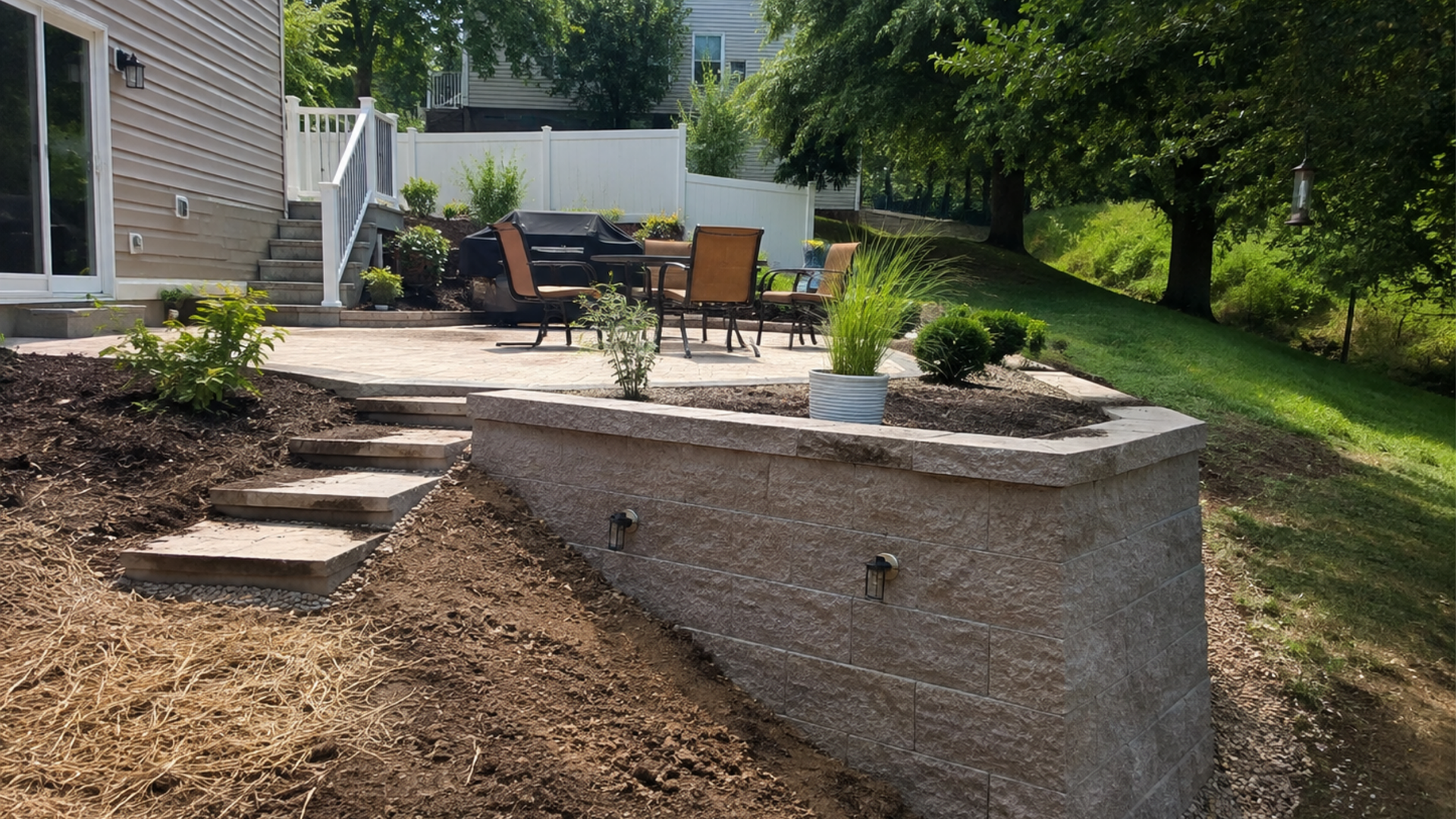 Concrete retaining wall creating usable outdoor space on a sloped Frederick County property
