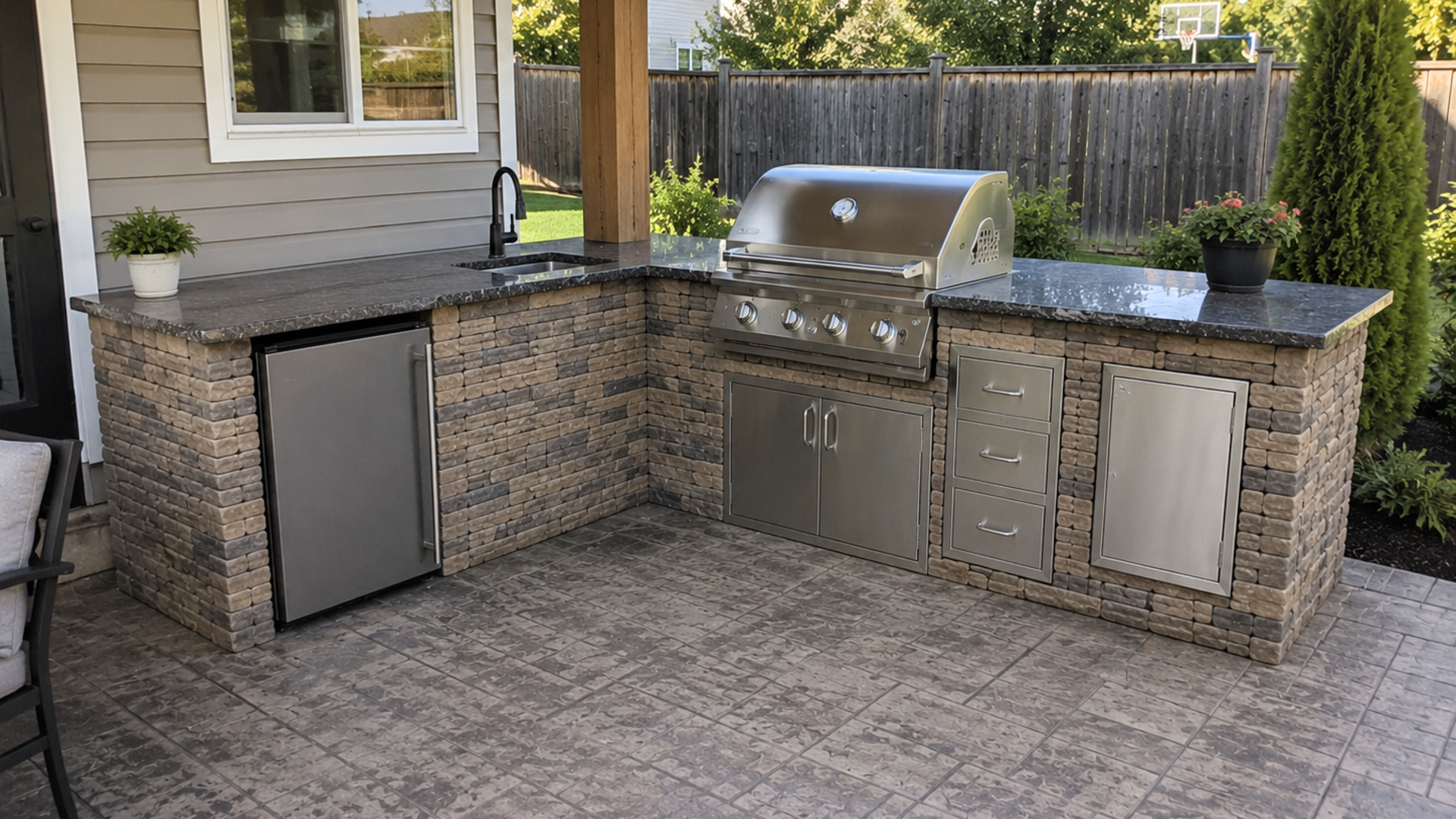 L-shape outdoor kitchen with connected cooking and prep zones on a stamped concrete patio in Frederick County, MD