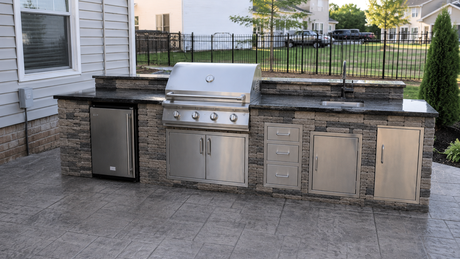 Linear outdoor kitchen with built-in gas grill and stone countertop running along one edge of a concrete patio in Frederick, MD