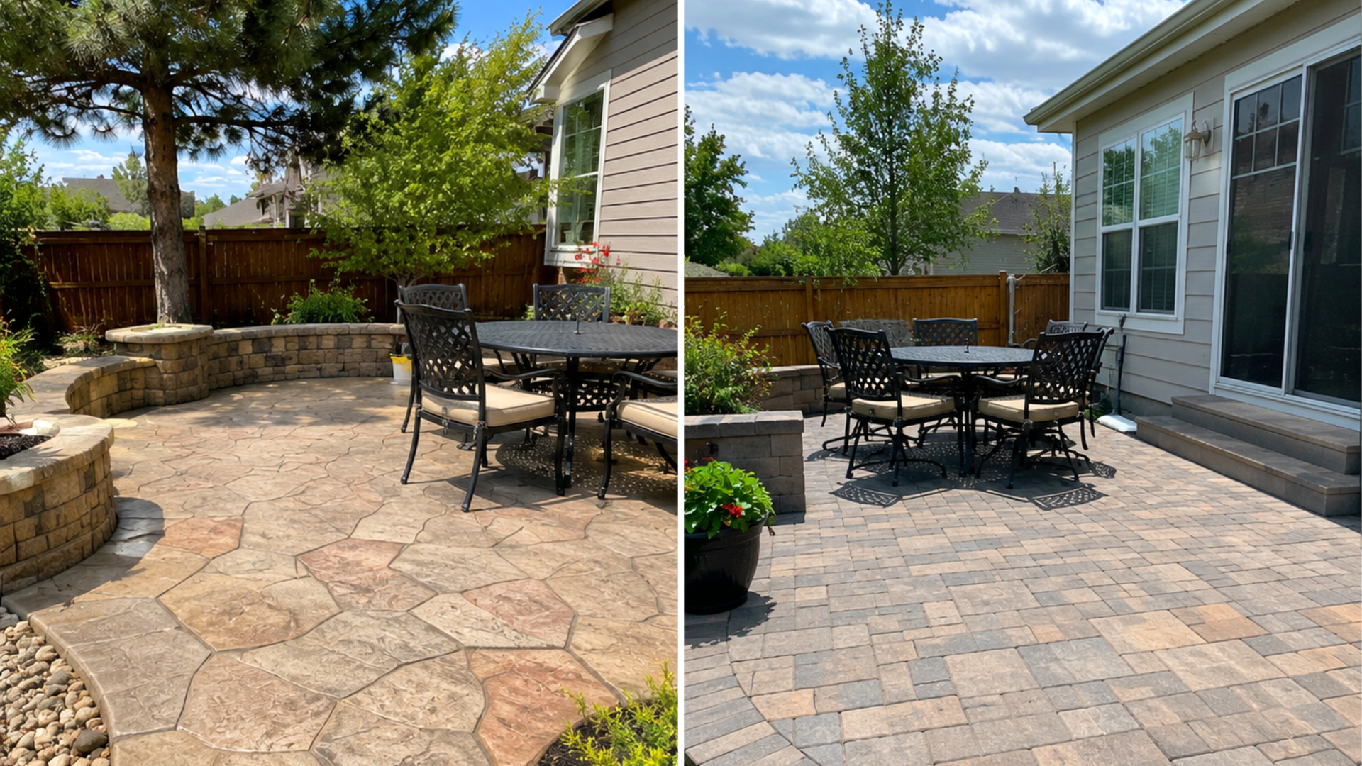 Side-by-side comparison of stamped concrete and interlocking paver patios