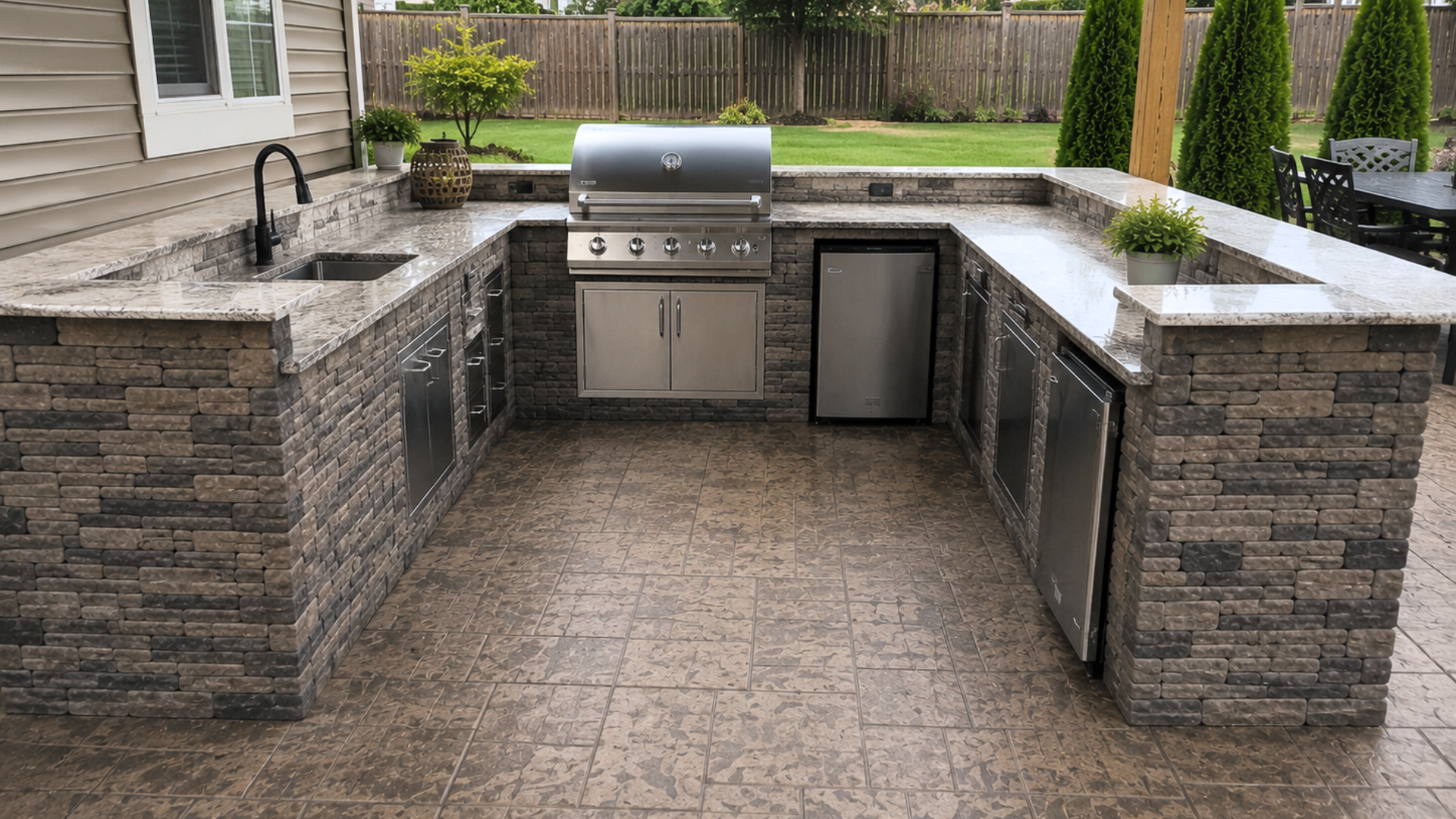U-shape outdoor kitchen wrapping the cook on three sides on a large concrete patio in a Frederick County, MD backyard
